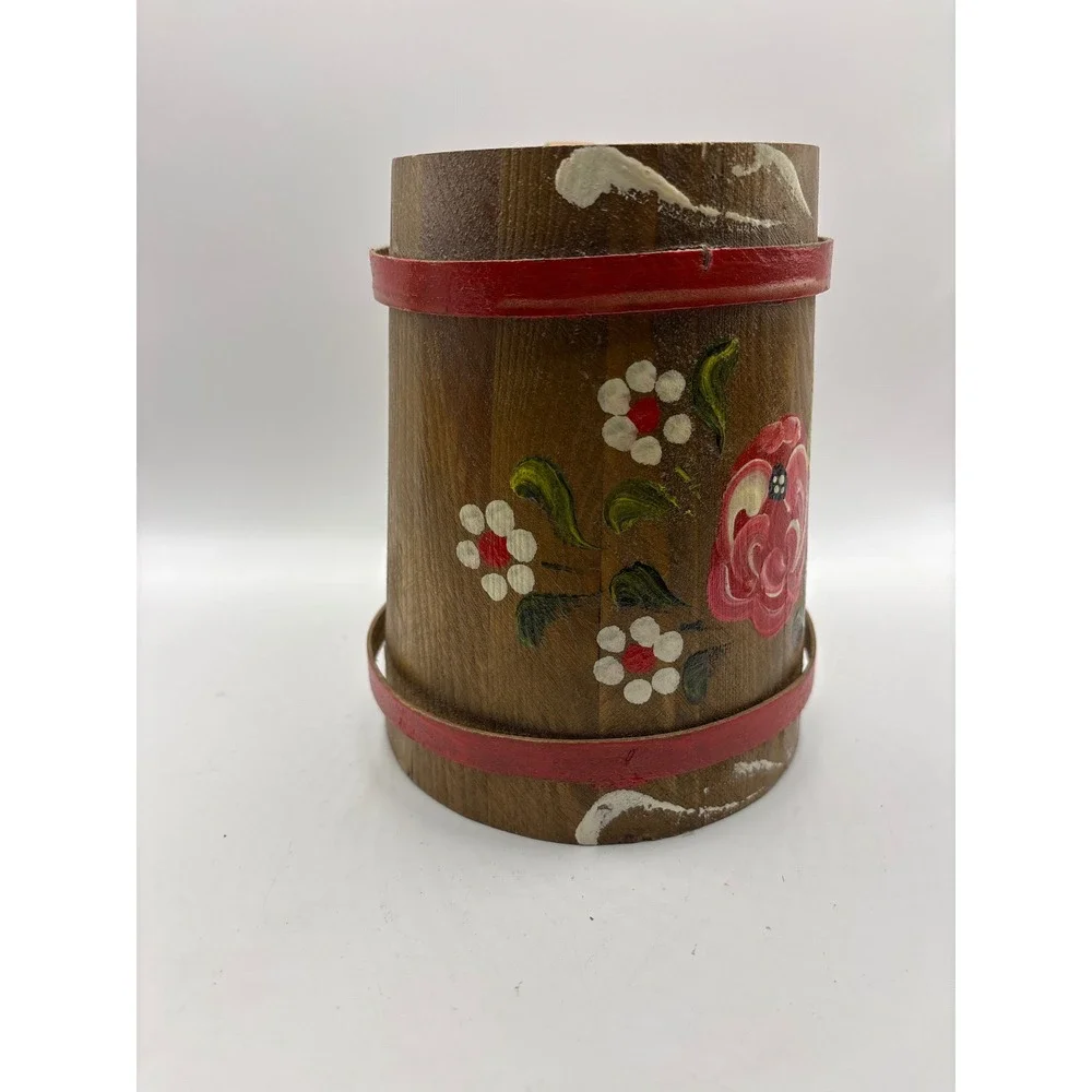 Vintage Hand Painted Wooden Beer Stein Floral Rose Rustic Barrel Tankard Mug